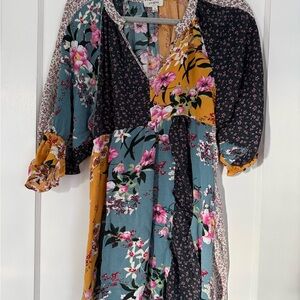 Umgee Floral Patchwork Dress with Mixed Patterns